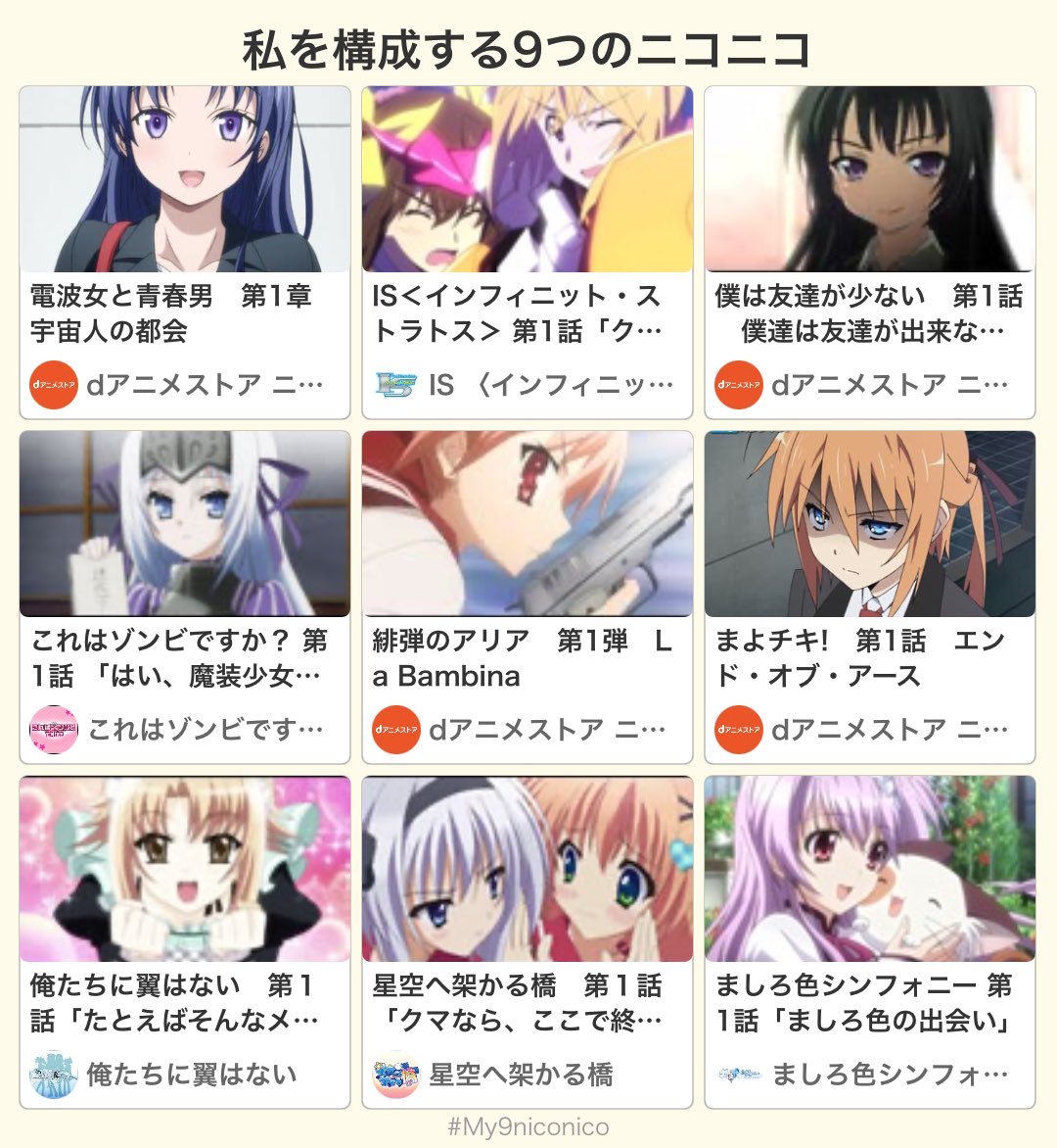 2011年アニメ
・アイマス
・あの花
・シュタゲ
・Fate/Zero
・まどマギ
とかいう激強ラインナップだけど、本当のアニメ君はこれだから🤓
どけ、道を開けろ。

my9niconico.nicoranweb.com/s/?v=so3553675…