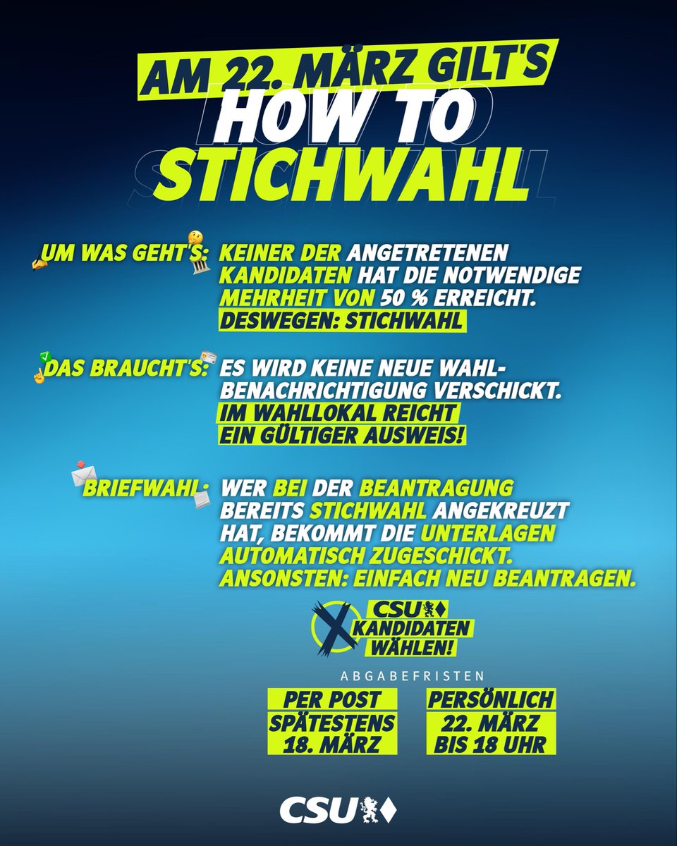 Am 22. März gilt’s! Jetzt entscheidet die Stichwahl. Jede Stimme zählt. Deshalb: Euren Kandidaten der CSU wählen und starke Kommunen sichern. 🗳️