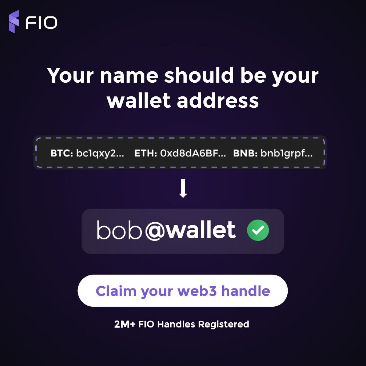 joinFIO's tweet photo. Instead of sending crypto to long strings like
0x8B3A9F2D0C4E...

Send it to something humans can read
bob@wallet

Join 2M+ users who already registered their FIO Handle.

Secure your web3 identity!