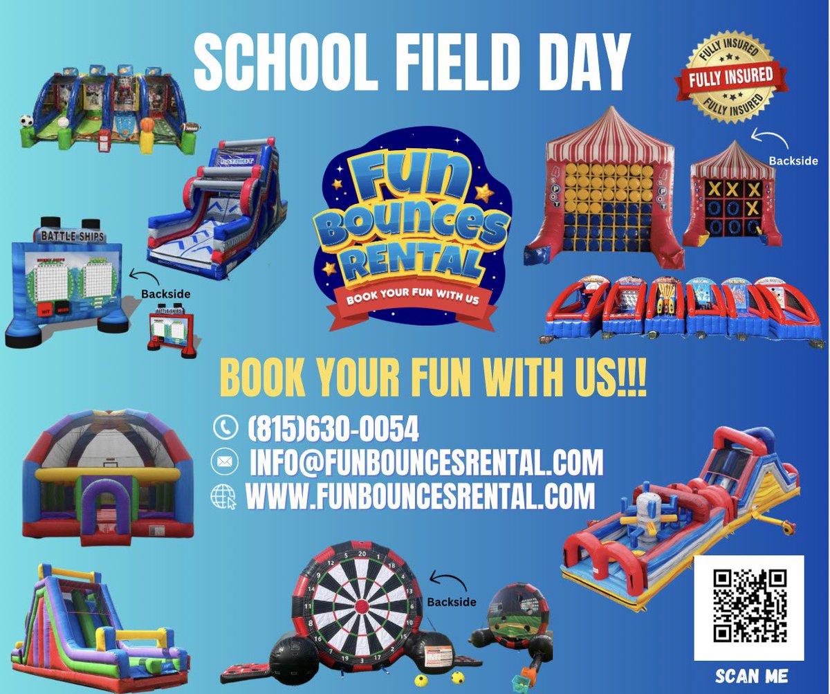 🎉 School Field Day is Around the Corner! 

Let Fun Bounces Rental help you make it the ultimate end of the year celebration!

We have everything you need to make your school’s Field Day fun, exciting, and unforgettable, including:

Obstacle Courses
Interactive Games
And more