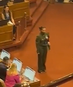 Violenta y ridícula. Javiera Rodríguez <a href="/capitanarod/">𝗝𝗔𝗩𝗜𝗘𝗥𝗔 𝗥𝗢𝗗𝗥𝗜́𝗚𝗨𝗘𝗭 🇨🇱</a> se disfraza de paca y posa frente a Gustavo Gatica con la frase "Chao pensiones de gracia". Así republicanos desprestigian las instituciones y transforman todo en un circo #CambioDeMando