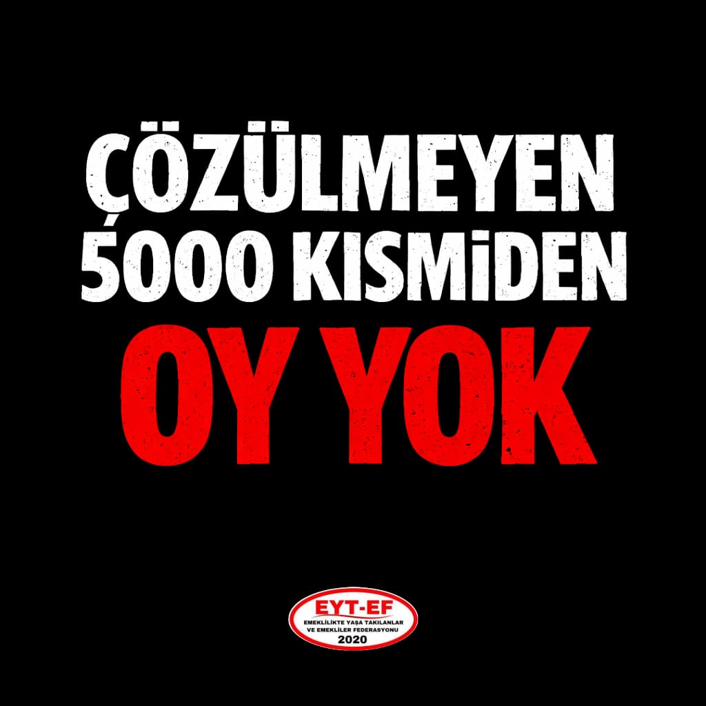 EYT
👇👇👇
#çözülmeyen5000KısmidenOyYok

Borçlandırılıp, emekliliği askıya alınan yüzbinler 3 yıldır maaşsız

Sözünde durmayan
Sefalete iten anlayışı reddediyoruz !

Mağduriyeti çözülmeyen #EYT li 5000 Kısmi 'den!
OY - MOY yok !

#EmeklidenSefaleteOyYok
<a href="/RTErdogan/">Recep Tayyip Erdoğan</a>
<a href="/isikhanvedat/">Prof. Dr. Vedat Işıkhan</a>