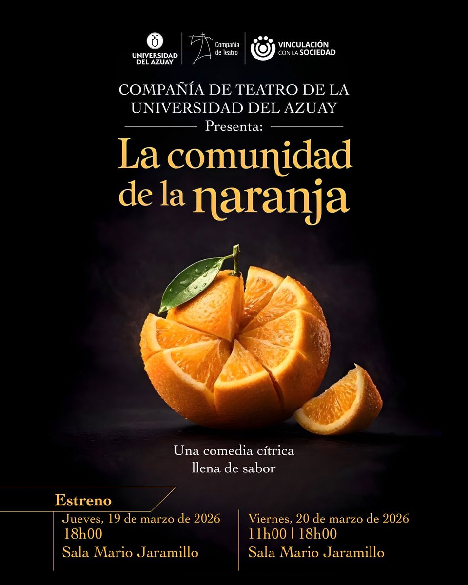 ¿Hasta dónde llegarías para preservar tu bienestar? 🍊

"La comunidad de la naranja", de Patricia Romero, nos sumerge en una charla de pareja que se torna en un laberinto de confesiones y decisiones. ¡No te la pierdas!

🎟️ Entrada libre
#VinculaciónUDA #TeatroUDA #UDA
