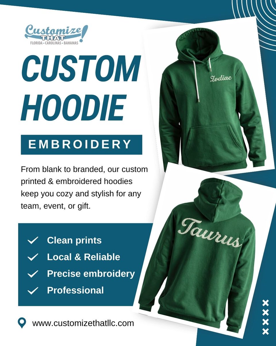 Customize_That's tweet photo. From blank to branded, our custom printed &amp; embroidered hoodies keep you cozy &amp; stylish for any team, event, or gift—new to the area, not the business! Call 803-444-TEES to elevate your brand today. #CustomHoodies #ScreenPrinting #Embroidery #LocalBusiness https://t.co/PzB08bLRTO