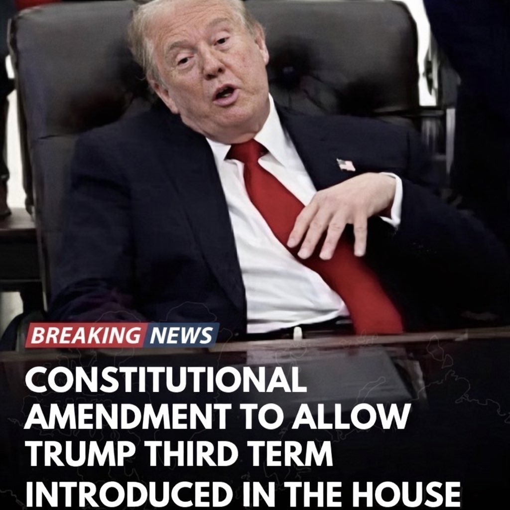 MickeyKuhns8889's tweet photo. @RossKneeDeep A constitutional amendment has been introduced in the House to let President Trump serve a THIRD TERM.
Rep. Andy Ogles filed H.J.Res. 29 to change the 22nd Amendment โ allowing up to three elected terms.
Coolโฆ #BarackObama2028 ๐ https://t.co/7hQvAV27iY