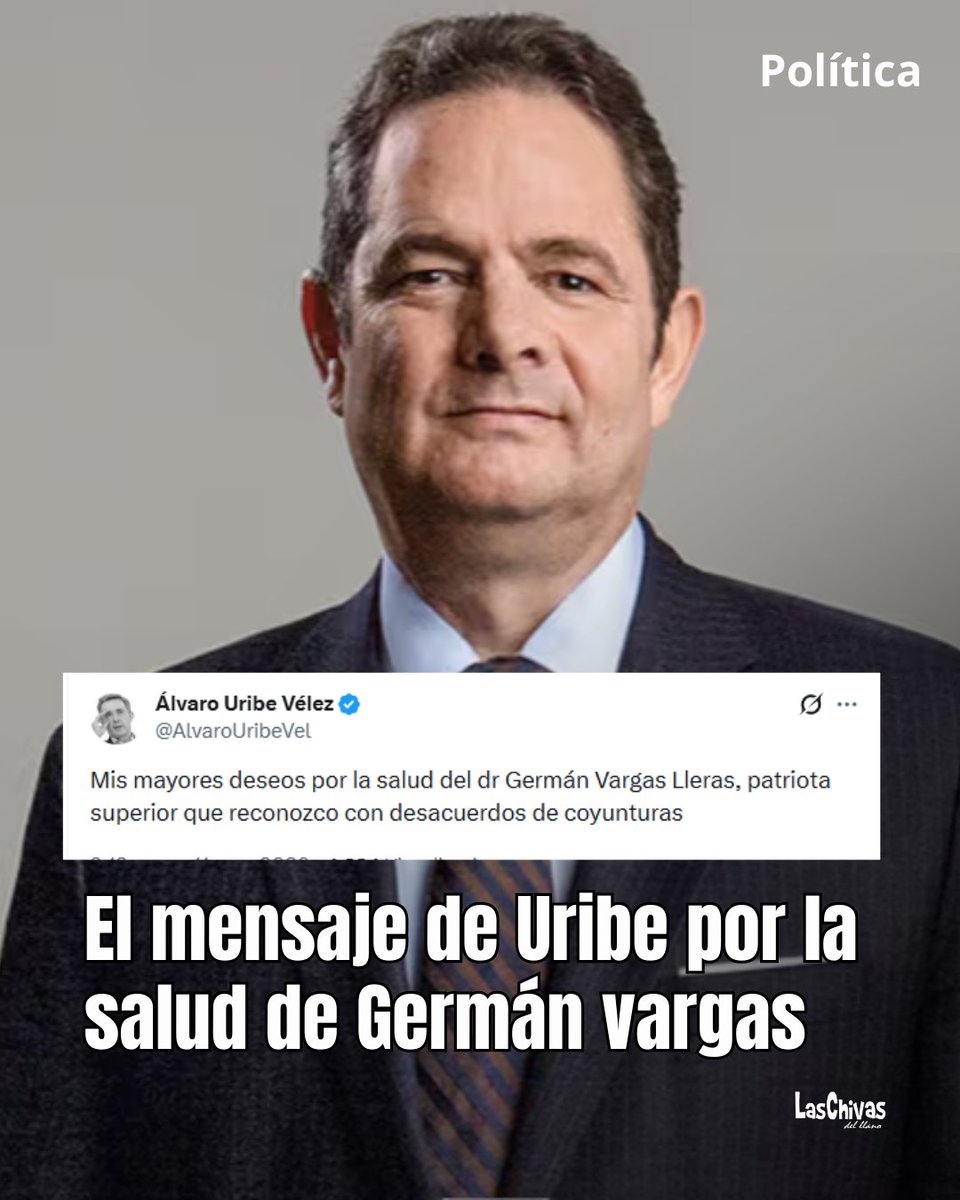 El expresidente Álvaro Uribe Vélez envió un sentido mensaje de aliento al exvicepresidente Germán Vargas Lleras, deseando su pronta recuperación.

Pese a las diferencias políticas que han tenido a lo largo de los años, Uribe lo calificó como un "patriota superior", priorizando el