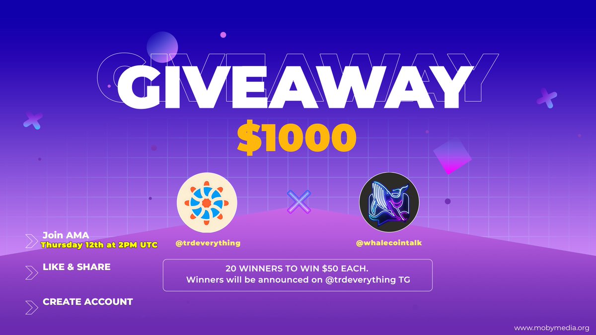 $1,000 USDT GIVEAWAY🎉

To celebrate the launch of Everything, we’re partnering with <a href="/trdEverything/">Everything</a> to give away 1,000 $USDT to our community!

How to enter:
✅Join the AMA tomorrow (Thursday 12th) at 2PM UTC
✅Follow <a href="/trdEverything/">Everything</a>&amp; @whalecointalk
✅Like + share
✅Create an