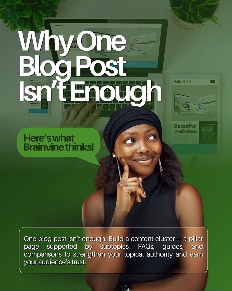BrainVineSEO's tweet photo. 𝗢𝘄𝗻 𝘁𝗵𝗲 𝗧𝗼𝗽𝗶𝗰, 𝗗𝗼𝗻’𝘁 𝗝𝘂𝘀𝘁 𝗪𝗿𝗶𝘁𝗲 𝗔𝗯𝗼𝘂𝘁 𝗜𝘁 

Build a content cluster, a pillar page supported by subtopics, FAQs, guides, and comparisons to strengthen your topical authority and earn your audience’s trust. 

#SEO #AI #ContentCreation #SocialMedia https://t.co/zEzKf51zyx