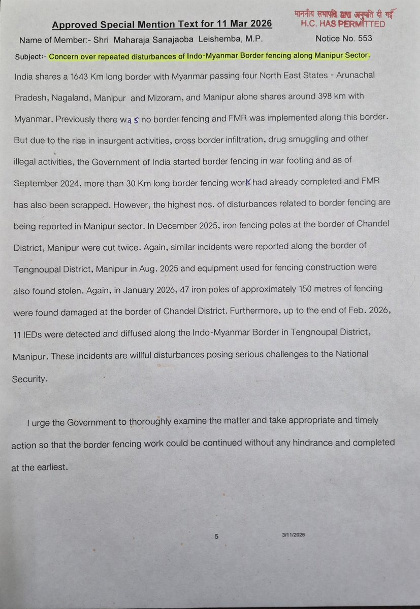 Today in <a href="/RajyaSabha/">Rajya Sabha</a> , I raised a very important issue regarding the Repeated Disturbances of Indo-Myanmar Border Fencing along Manipur Sector &amp; urging the Union Govt. to take up appropriate action &amp; continue the Border Fencing  work &amp; completed at the earliest.
<a href="/PMOIndia/">PMO India</a>