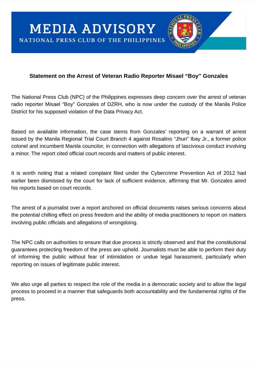 DUE PROCESS AT PAGGALANG SA PRESS FREEDOM, INAPELA NG NPC SA PAGKAARESTO KAY VETERAN DZRH REPORTER ‘BOY’ GONZALES

READ: Nanawagan ang National Press Club (NPC) of the Philippines sa mga awtoridad na tiyaking masusunod ang due process at paggalang sa press freedom kasunod ng
