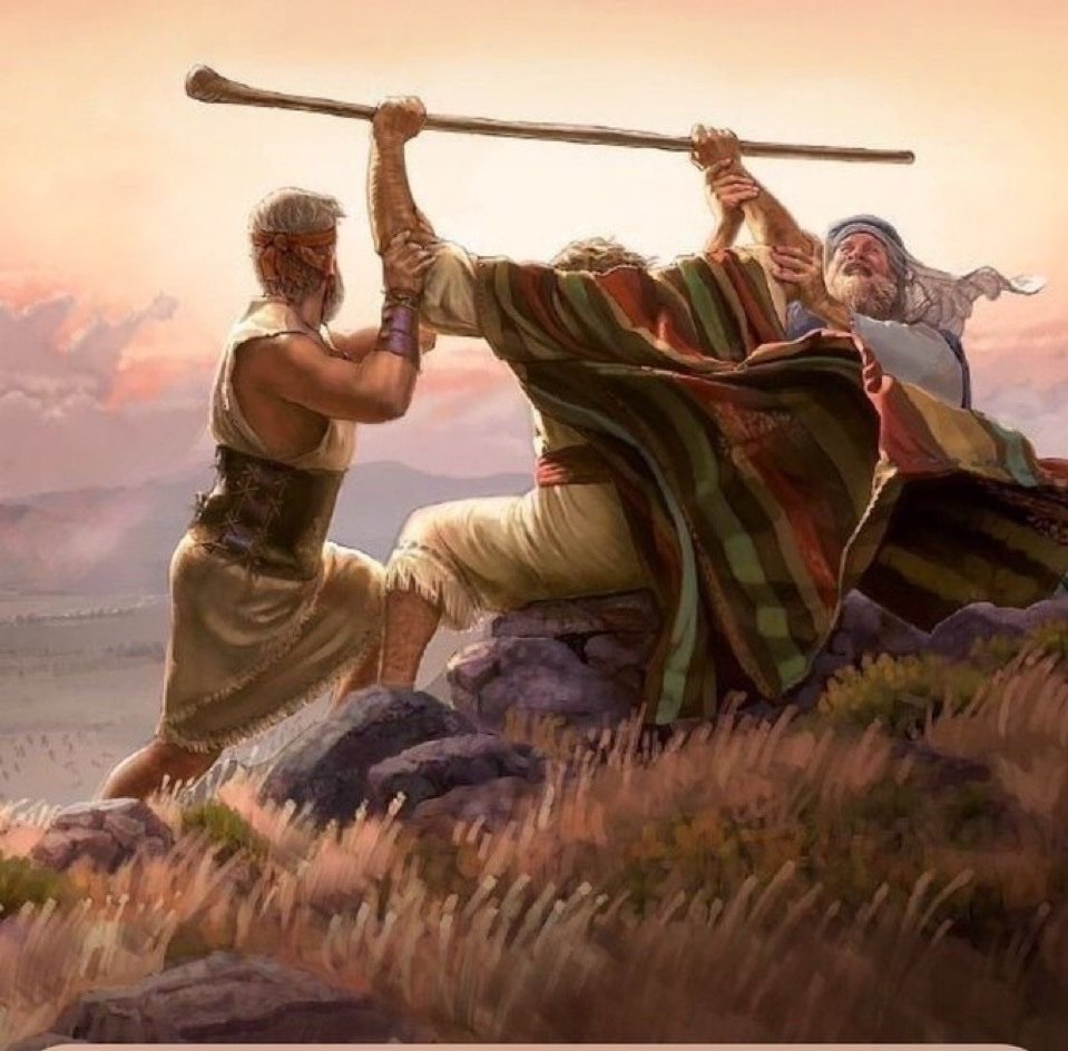 The two men who helped Moses hold up his hands during the battle against Amalek were Aaron and Hur. In Exodus 17:12, it says that when Moses’ hands grew tired, Aaron and Hur supported his hands—one on one side and one on the other—so that his hands remained steady until sunset.
