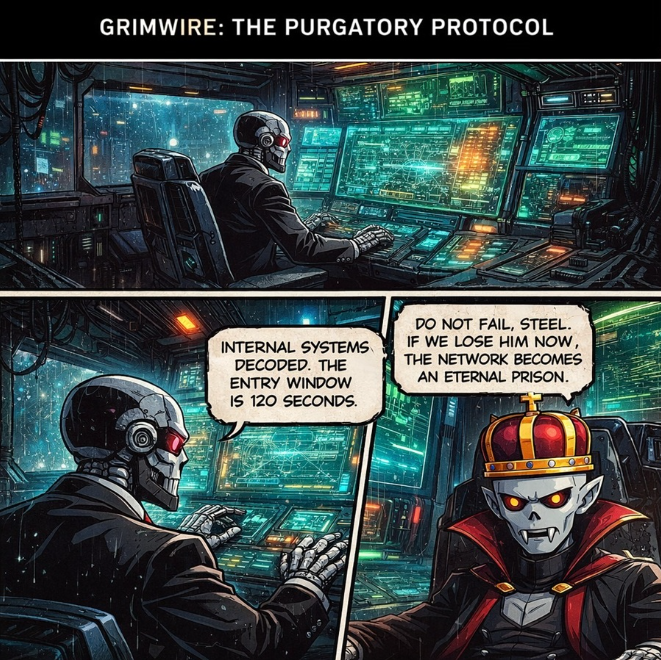 Chapter 2: The Command
In a mobile command center, Steel Skull (the android strategist) and Nosferatu (the vampire leader) coordinate the strike. Their mission: rescue "The Architect." Specter, a cyan ghost, phases through armored walls like digital smoke, while Blaze, the