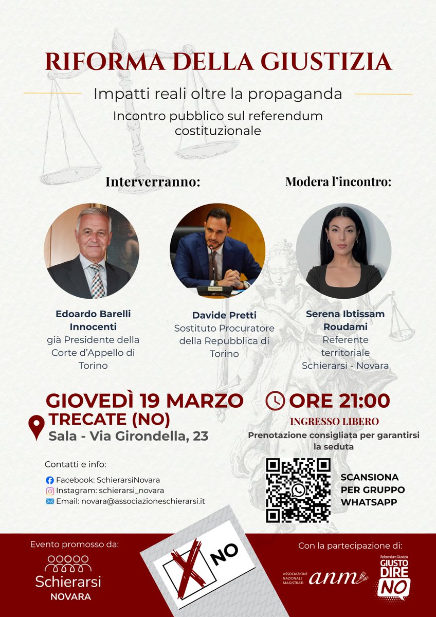 SistersStars's tweet photo. 📢 Riforma della giustizia:
Incontro pubblico sul referendum costituzionale sulla separazione delle carriere.
Intervengono:
• Edoardo Barelli Innocenti
• Davide Pretti
📍 Trecate (NO)
📅 19 marzo – ore 21
🎟 Ingresso libero
Un momento per informarsi e capire prima del voto. https://t.co/q0B617Hq9H