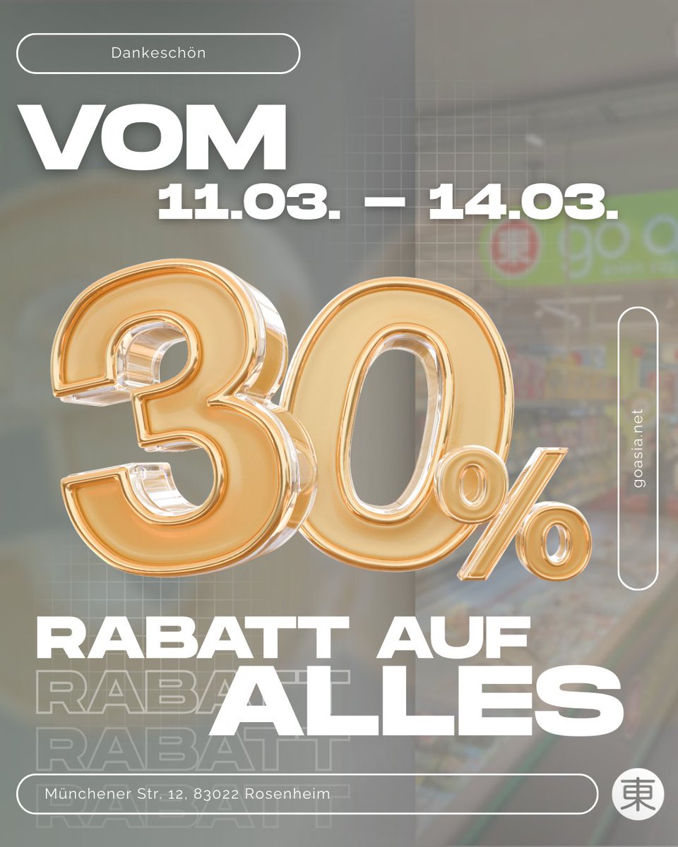 💚Danke, #Rosenheim!💚

Nach vielen schönen Jahren heißt es für uns leider Abschied nehmen:
Unsere go asia Filiale in Rosenheim schließt am 14.03.2026.

Weitere Infos findest Du auf unseren Instagram Kanal <a href="/officialgoasia/">go asia supermarkt</a> oder online🌐goasia.net