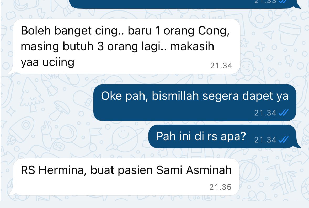 Guys boleh bantu RT ya🙏

Dibutuhkan donor darah AB untuk ibu temanku, lokasi di rumah sakit hermina BOGOR. 
Jika ada yang bisa bersedia donor, boleh tolong dm atau reply tweet ini biar aku kasih kontak temanku langsung 🙏.

Makasih semuanya.