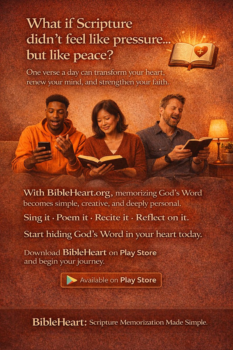 BibleHeart_X's tweet image. Hide God’s Word in Your Heart
One Verse. One Heart. Every Day.
Memorize Scripture simply and joyfully with BibleHeart.org
Sing it. Poem it. Say it. Live it.

#BibleHeart #ScriptureMemorization #ChristianFaith #GrowInTheWord #DailyBible #WordOfGod #FaithInPractice