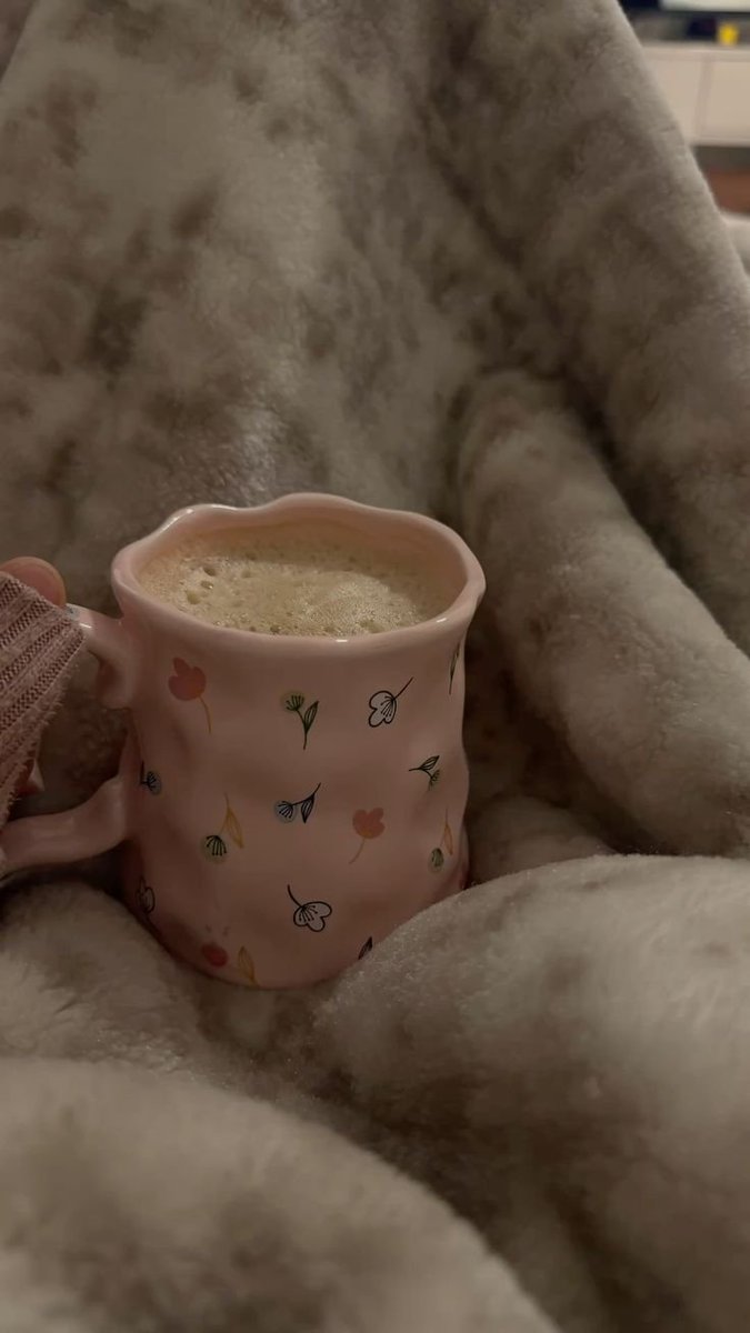 radha2155's tweet photo. Here’s a longer cozy soft girl winter evening vibe caption for your photo  the pink floral mug with that perfect frothy masala chai or coffee? held close in a fluffy blanket nest dim room lights and that intimate just me and my warm driny serenity https://t.co/6NNlWTJd8a
