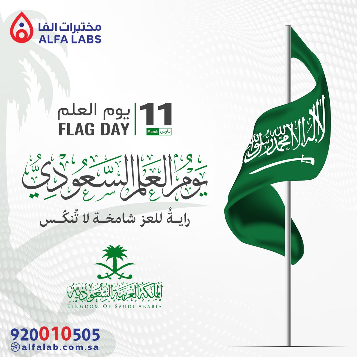 🇸🇦 في Saudi Flag Day… نرفع راية الفخر والعز
العَلَم السعودي ليس مجرد راية،
بل رمز لوطنٍ شامخ وتاريخٍ عريق يجمعنا تحت رايةٍ واحدة.
وفي مختبرات ألفا نؤمن أن قوة الوطن تبدأ بصحة أبنائه،
فكل إنسانٍ يتمتع بالصحة والعافية هو لبنة في بناء مستقبلٍ أقوى لهذا الوطن.
نفتخر بخدمة مجتمعنا،
