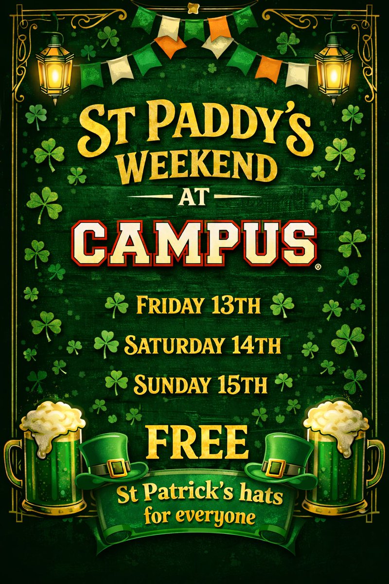 campusglasgow's tweet image. Campus is going GREEN this weekend 🍀🎉

Join us for the ultimate St. Patrick’s celebration — big beats, big vibes, and a little Irish luck. Don’t miss it! 🇮🇪🍻

Book your booths now using the link in our bio🔗

#stpatricks #campus #campusglasgow #glasgow #glasgownightlife