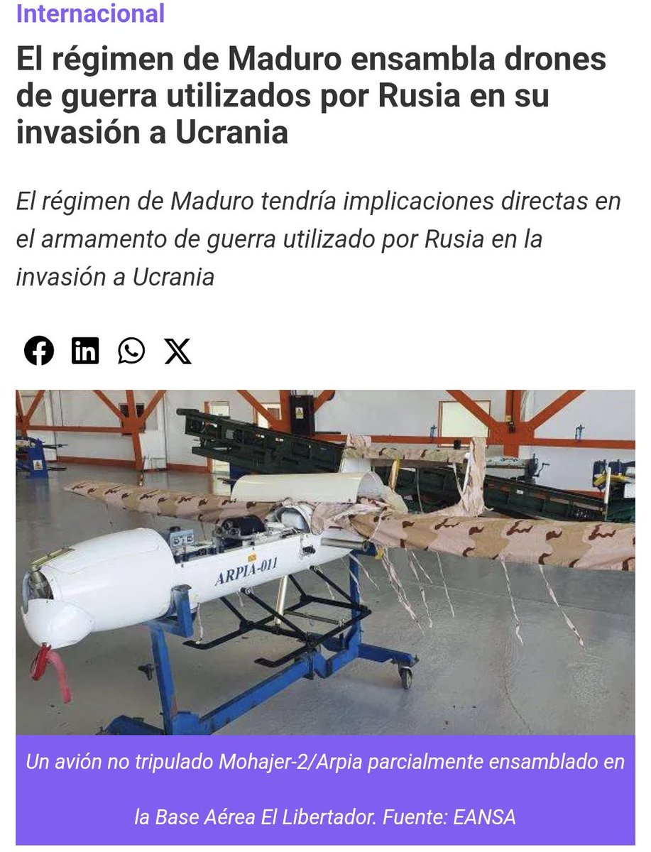 El régimen narcoterrorista de Maduro con Delcy Rodríguez como vicepresidente estaba ensamblando drones de guerra iraníes.

Ahora Irán amenaza con atacar California con ese tipo de drones desde América Latina.