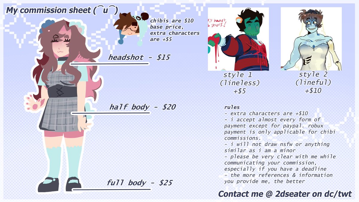 Hellooooo!! I am opening my commissions!! 4 slots are open for now ^.^ Please dm me on here or discord if you're interested!! 🌈🎉