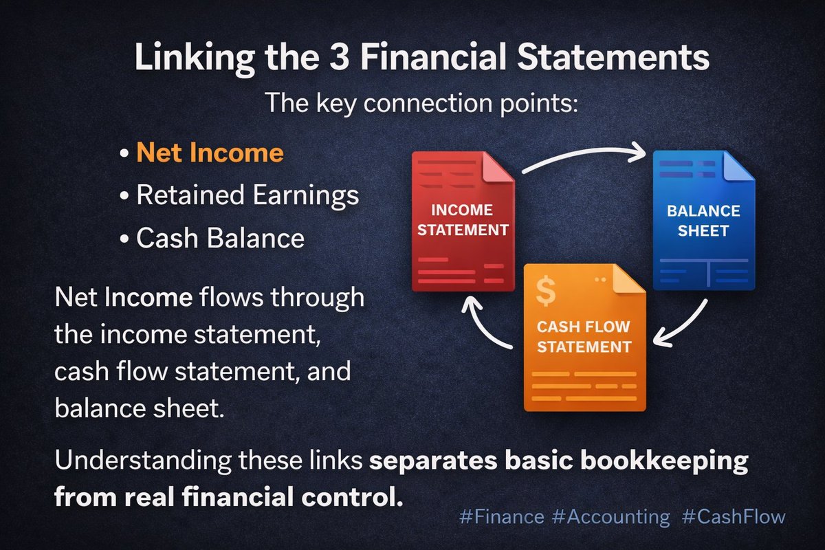 financial_white's tweet photo. One of the most important skills in finance is linking the 3 financial statements.

Net income flows through the income statement, cash flow statement, and balance sheet.

Understanding these links is what separates basic bookkeeping from real financial control.

#Finance https://t.co/CtGC0Zi3Db