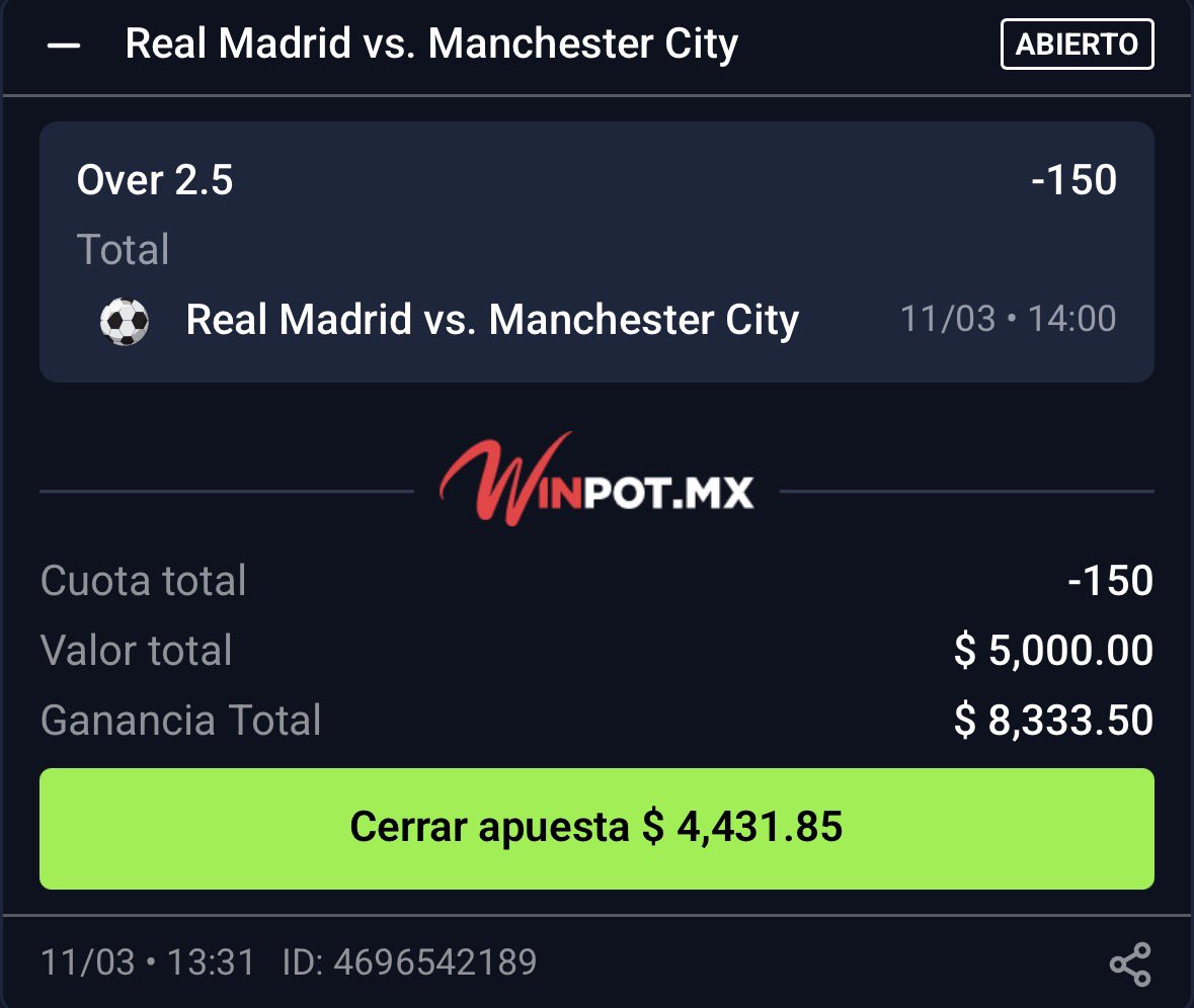 Rápido, Paso 1 de $5,000 a $50,000 🪜

- Over 2.5 goles ( RMA @ MCI )

¿Me sigue? ❤️