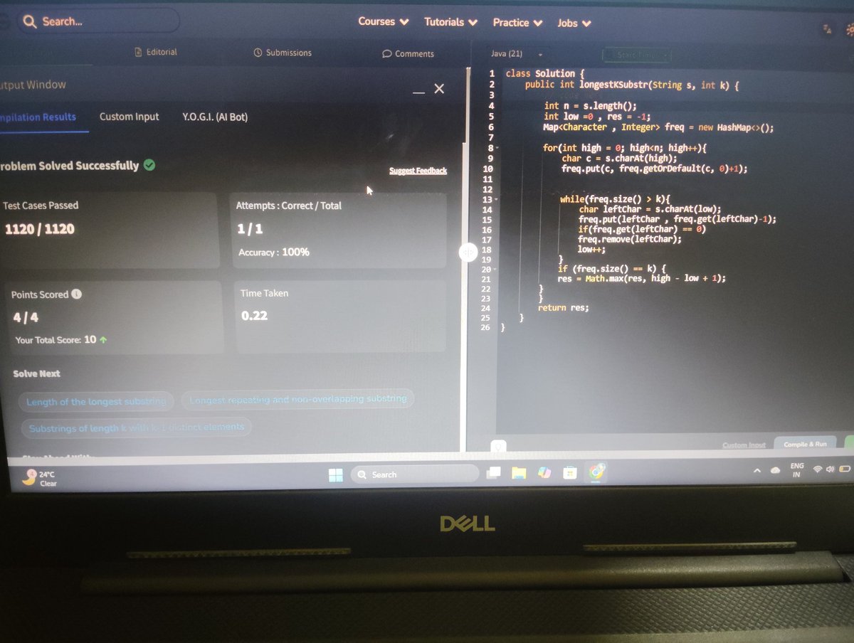 PlacementDiary's tweet image. Day 36

College &amp;amp; Travel

DSA:
Sliding Window revision  
GFG: Longest Substring with K Unique Characters  

English:
Spoken practice

Kept going despite college.

#Day36 #DSA #SlidingWindow #LearningInPublic #Consistency