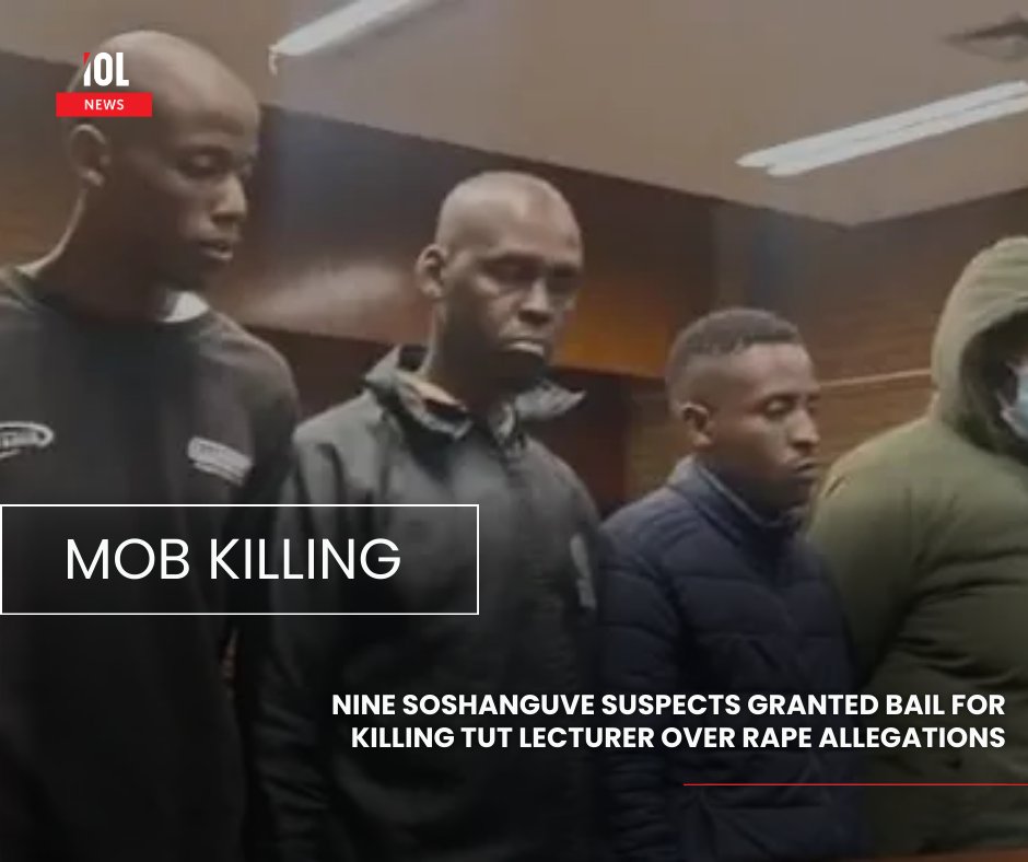 IOL's tweet photo. The Soshanguve Magistrates’ Court has granted bail of R2 000 each to nine people accused of participating in the alleged mob killing of Madasi Sifundo, a lecturer at Tshwane University of Technology. 
#Soshanguve #Bail #MobKilling #MadasiSifundo #TUT #Justice 
Read on: https://t.co/xo3RYFPuCS