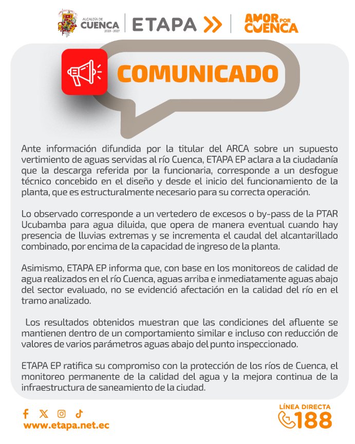 ETAPAOficial's tweet photo. 🔴 En vivo | Declaraciones de la Gerente General de ETAPA EP

Ante las recientes afirmaciones emitidas por Daniela Limongi, Directora de la Agencia de Regulación y Control del Agua (ARCA), la gerente general de ETAPA EP presenta a la ciudadanía la posición técnica de la Empresa sobre el sistema de saneamiento y las descargas hacia el río Cuenca.

En este espacio se brindan aclaraciones basadas en información técnica y monitoreo permanente, en defensa de la gestión responsable del agua en Cuenca.

#ElAguaEsVida 🩵

@czamoramatute 
@MunicipioCuenca