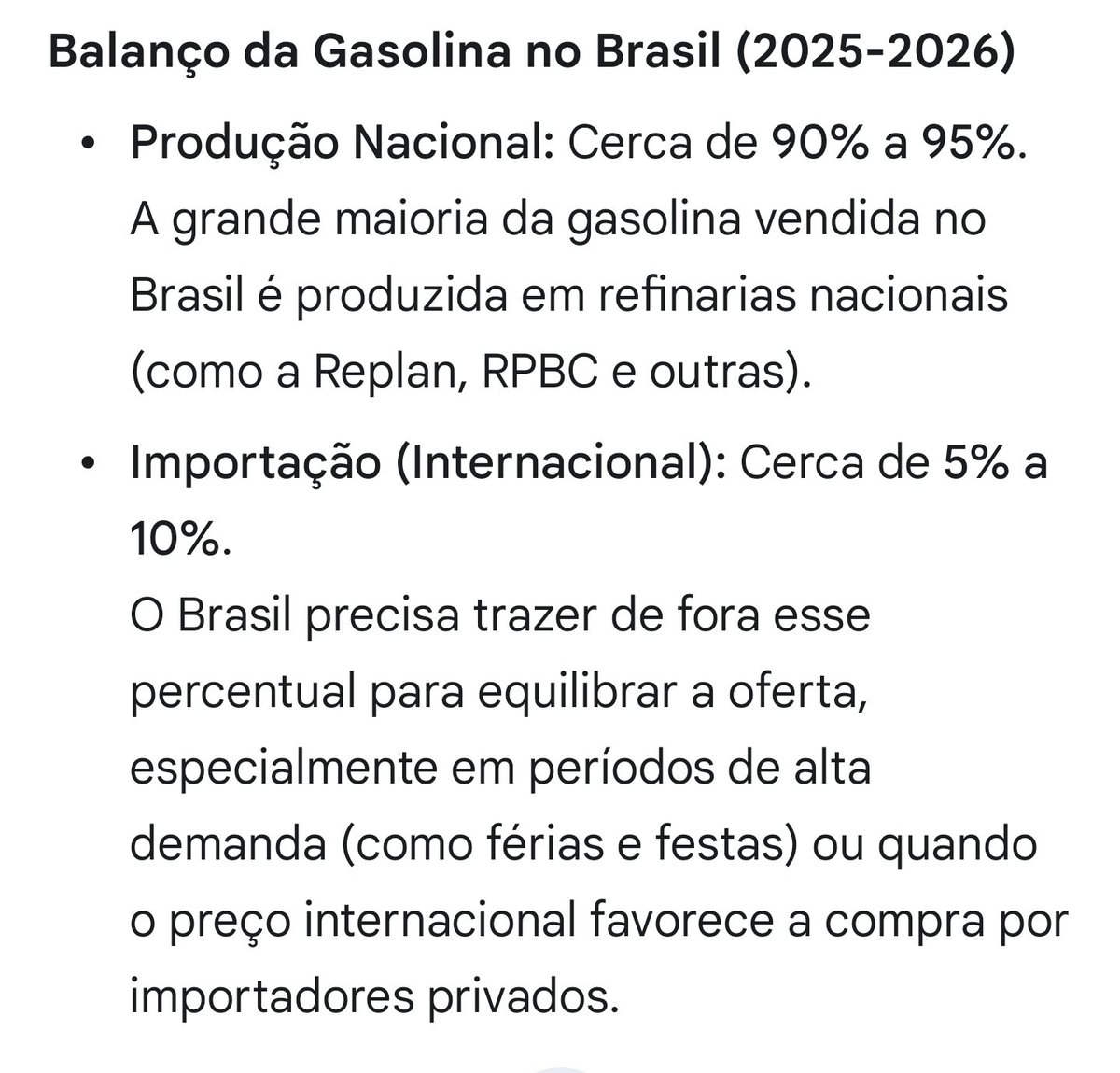 Pra quem ainda não entendeu:

- O Brasil produz 90% DA GASOLINA

- Por isso, não faz sentido seguir 100% o preço INTERNACIONAL do petróleo

- As refinarias privadas fazem esse alinhamento porque o preço externo é MUITO maior que os custos nacionais. Querem lucrar abusivamente!