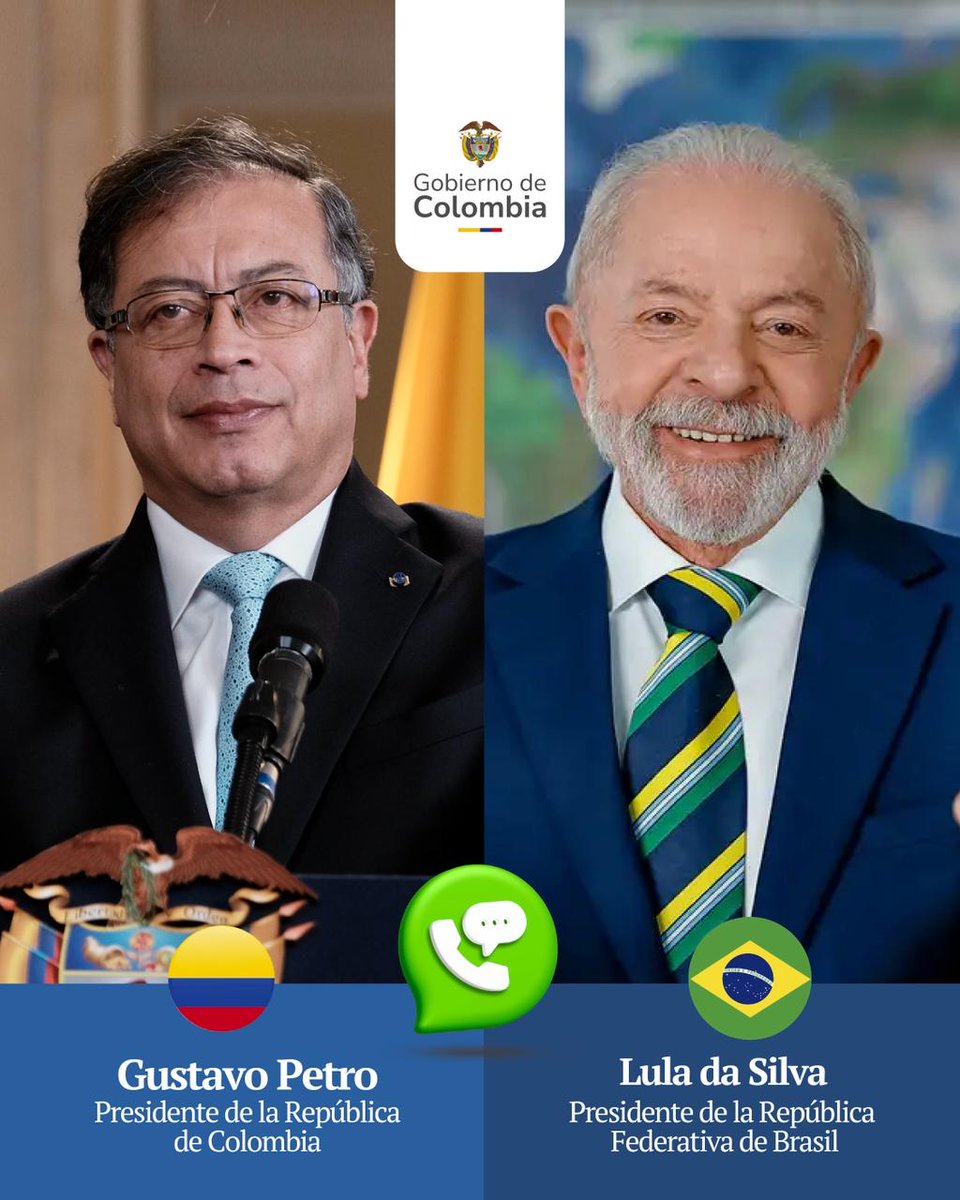 🇨🇴🇧🇷 En la mañana de este miércoles, el Presidente @PetroGustavo, sostuvo una llamada telefónica con el Presidente de Brasil, <a href="/LulaOficial/">Lula</a>, dialogaron sobre la importancia de fortalecer la integración latinoamericana y caribeña en el marco de la Cumbre CELAC-África que se