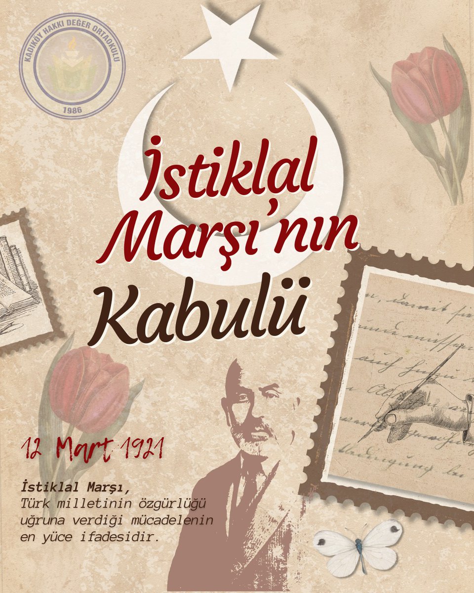 🇹🇷
12 Mart 1921.
Bir milletin bağımsızlık duası olan İstiklâl Marşı, Mehmet Âkif Ersoy’un kaleminden doğdu ve Türkiye Büyük Millet Meclisi tarafından kabul edildi.

Minnetle… 🇹🇷

<a href="/kadikoymaarif34/">Kadıköy İlçe Maarif Müdürlüğü</a> <a href="/TahirUygur3/">Tahir UYGUR 🇹🇷🇹🇷</a>