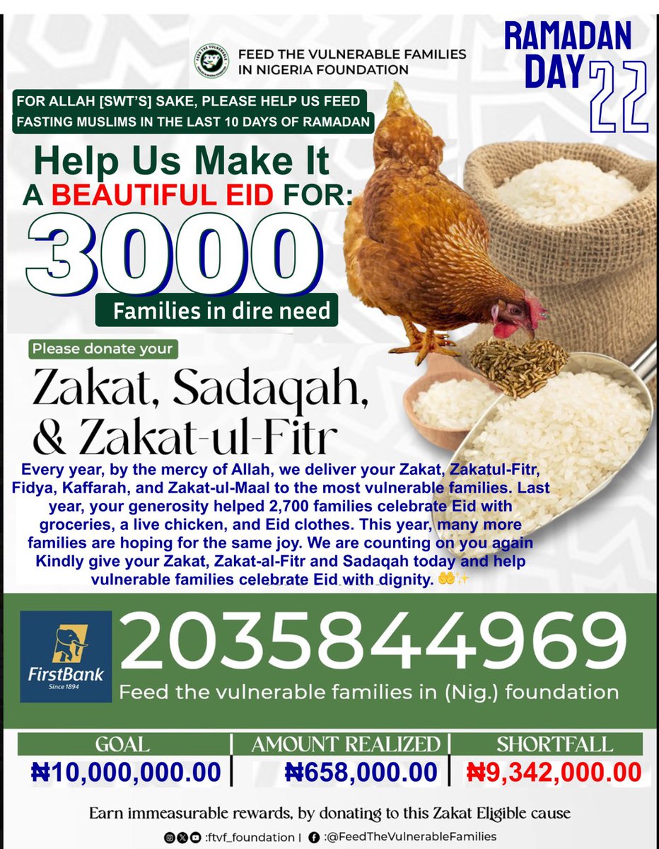 Adesewa253's tweet photo. Laylatul Qadr - a Night better than a thousand months

Please extend your generosity to the most vulnerable individuals &amp; families. Your Sadaqah can provide food, hope, &amp; dignity to those in dire need

2035844969
First Bank Plc

May Allah [swt] multiply your rewards as you donate https://t.co/fXXBrRZVap
