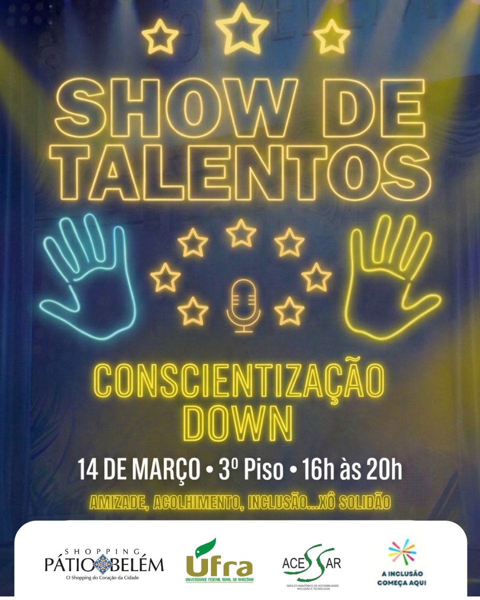 patiobelem's tweet photo. No dia 14 de março, o Pátio Belém recebe o Show de Talentos – Conscientização Down, um momento dedicado a valorizar e reforçar a importância de uma sociedade cada vez mais inclusiva.

De 16h às 20h, no 3º piso, esperamos você para viver esse grande show com a gente. https://t.co/VhqaPFJfzP