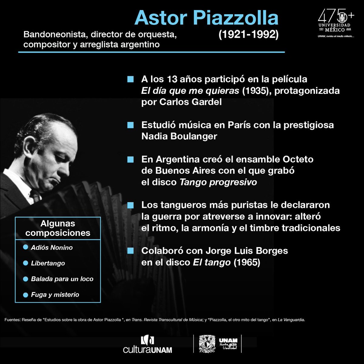 🎼Astor Piazzolla llevó el tango a la sala de concierto. Cientos de artistas han reinterpretado su legado revolucionario en géneros diversos, desde el electro hasta fusiones con flamenco. ¡Celebramos su legado con una #playlist especial en su 105 aniversario!