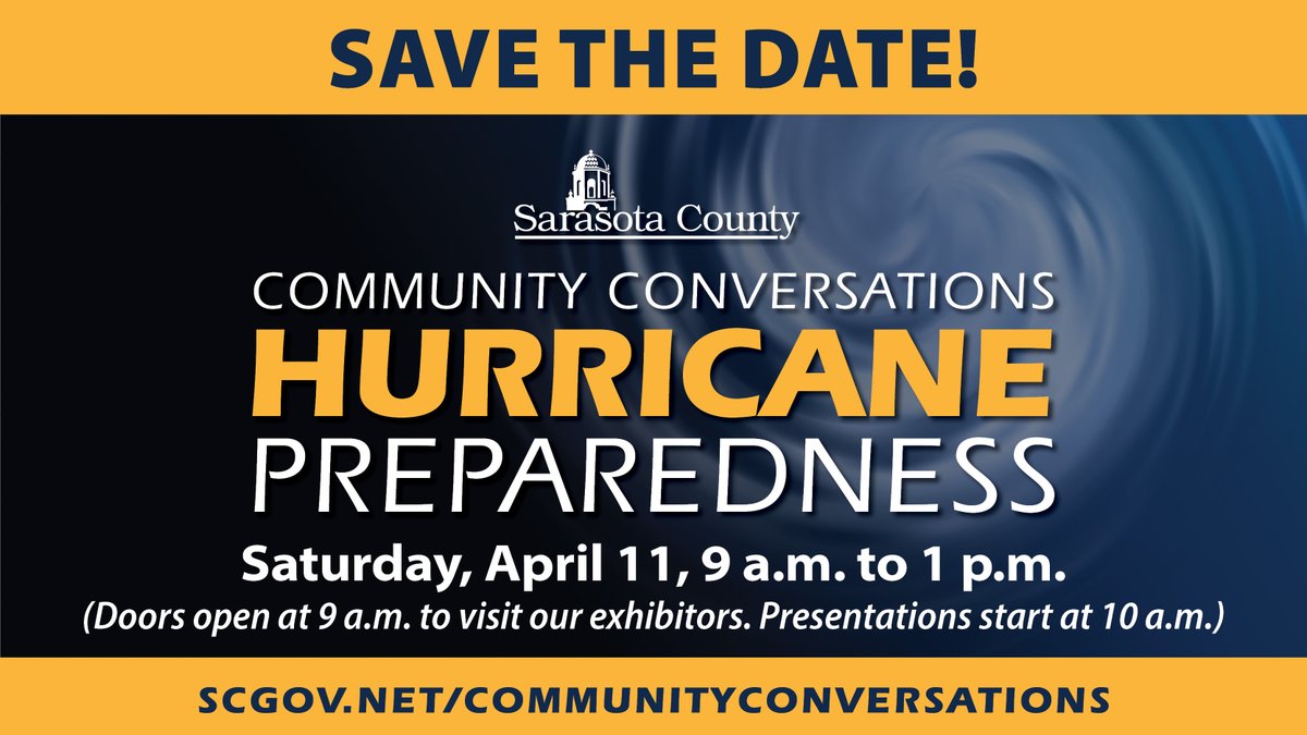 scgovEOC's tweet photo. Join the conversation! Let's get 'ready together' for hurricane season.
Community Conversations: Hurricane Preparedness will be held from 9 a.m. to 1 p.m. Saturday, April 11, at Riverview High School, 1 Ram Way, Sarasota. 
More info: https://t.co/34yjjHU3NI.
#SRQCountyES https://t.co/yiBe42LAYW
