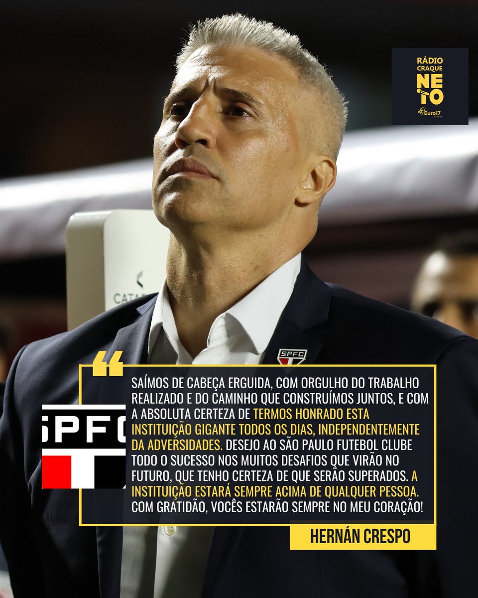 radiocraqueneto's tweet photo. "O TIME ESTÁ ACIMA DE QUALQUER PESSOA" 🗣️ Hernán Crespo usou as redes sociais para se despedir da torcida do São Paulo!
📸 @josemanoelidalgo
#spfc #sãopaulo #tricolor #soberano #crespo #hernan #radiocraqueneto #brasileirão https://t.co/c0fCY0yqES