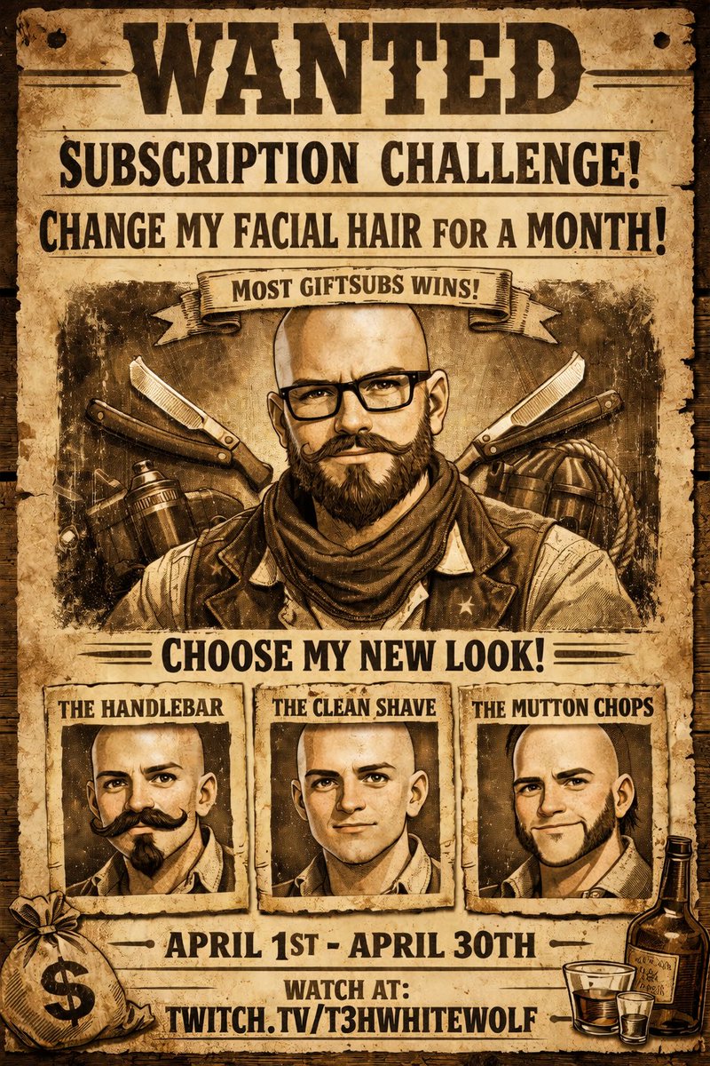 Early announcement for my peoples!!! Coming up from April 1st - April 30th, the person who gifts the most subs during that time will be able to choose how I keep my facial hair (or don't keep it) for the entire month of May, maybe even beyond!