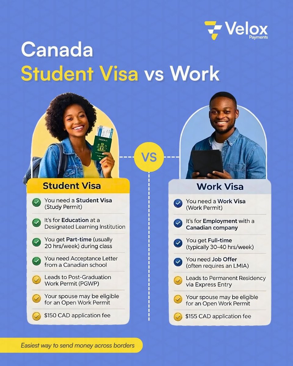 VeloxPayments's tweet image. Ever wondered the core differences between a Canadian Student Visa vs Work Visa?

Well here you go!

Now that you know, which would you rather?

A Canadian Student Visa?
Or Work Visa?

#canadaworkvisa #canadastudentvisa #canadaimmigration #nigeriansincanada🇳🇬🇨🇦 #kenyansincanada