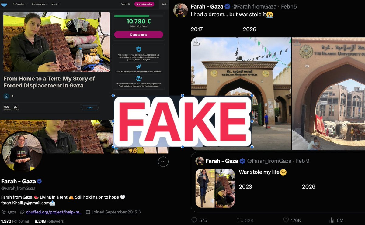 zesqyb's tweet photo. 🚨 Fake account and fundraiser with over $11k raised – please share

This account @Farah_fromGaza impersonates the real "FarahfromGaza", who is actually in Gaza and well known on Instagram & TikTok (over 300k followers).

They are using her videos to get millions of views per day and directing people to a fake fundraiser on Chuffed that has raised OVER $11,000.

Her real accounts use a completely different donation link. The account history also shows multiple name and identity changes.

I don't think Farah has an active X account, so this person is exploiting that with their own donation link.

🚫 Fake account: @Farah_fromGaza – https://t.co/Vs3jROv4b5  
⬆️ Report for Spam and Impersonation

Farah's REAL accounts and legitimate campaign link:  
▫️ https://t.co/Kts8XWq37W  
▫️ https://t.co/tuGWydunPn  
▫️ https://t.co/zqKhComAW6

Report, block, and share this with anyone who follows or shares the fake account so no one gets scammed.

Also, go to https://t.co/MaexWUcnVL and select "report campaign" at the bottom.