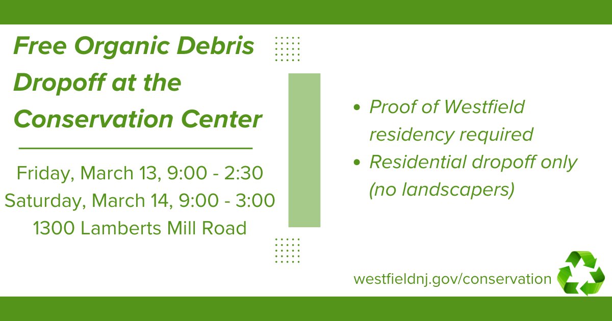 TownOfWestfield's tweet photo. In order to assist the community with disposal of residual organic debris from the recent blizzard, the Town is offering all residents free use of the Conservation Center without a permit or fee on Friday, March 13, and Saturday, March 14. https://t.co/R4IzvEkk0G
