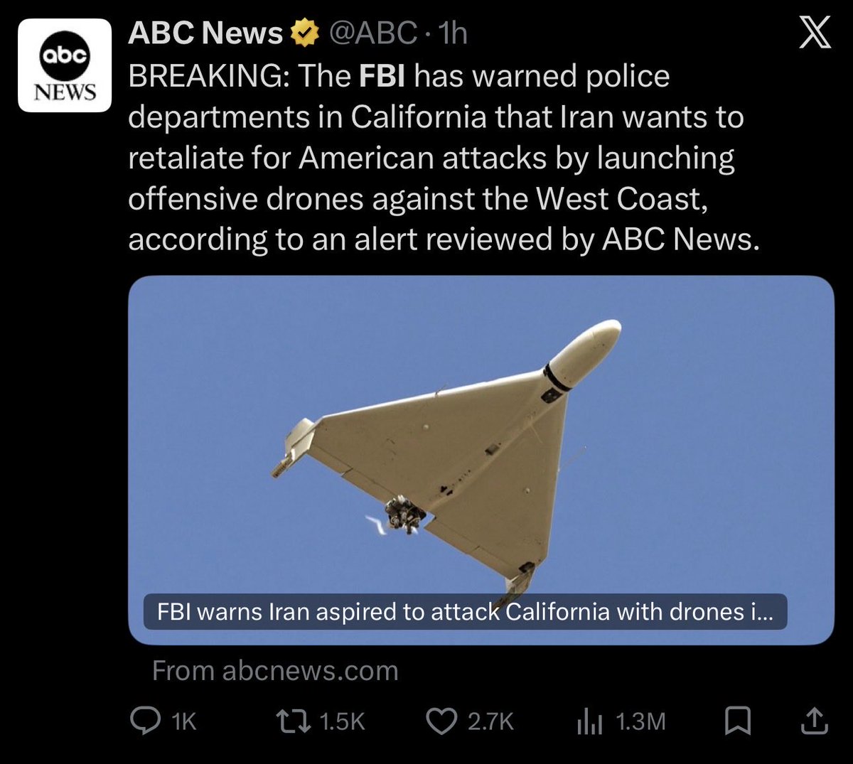 Tenocracy's tweet image. #FalseFlagAlert :
The narrative of “Iranian drones attack the U.S. coast” makes no technical sense.
Iran’s long-range drones reach about 2,000km.  
Iran is 10,000+km away from the U.S. mainland.
If drones appear off the American coast, they didn’t fly from Iran.
Ask who did that?