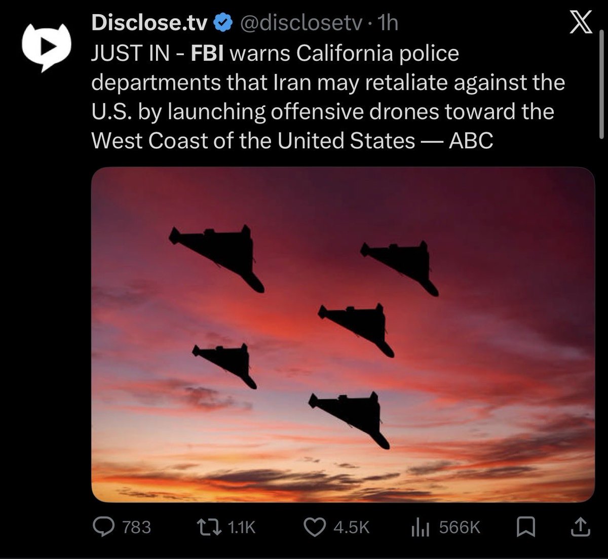 Tenocracy's tweet image. #FalseFlagAlert :
The narrative of “Iranian drones attack the U.S. coast” makes no technical sense.
Iran’s long-range drones reach about 2,000km.  
Iran is 10,000+km away from the U.S. mainland.
If drones appear off the American coast, they didn’t fly from Iran.
Ask who did that?