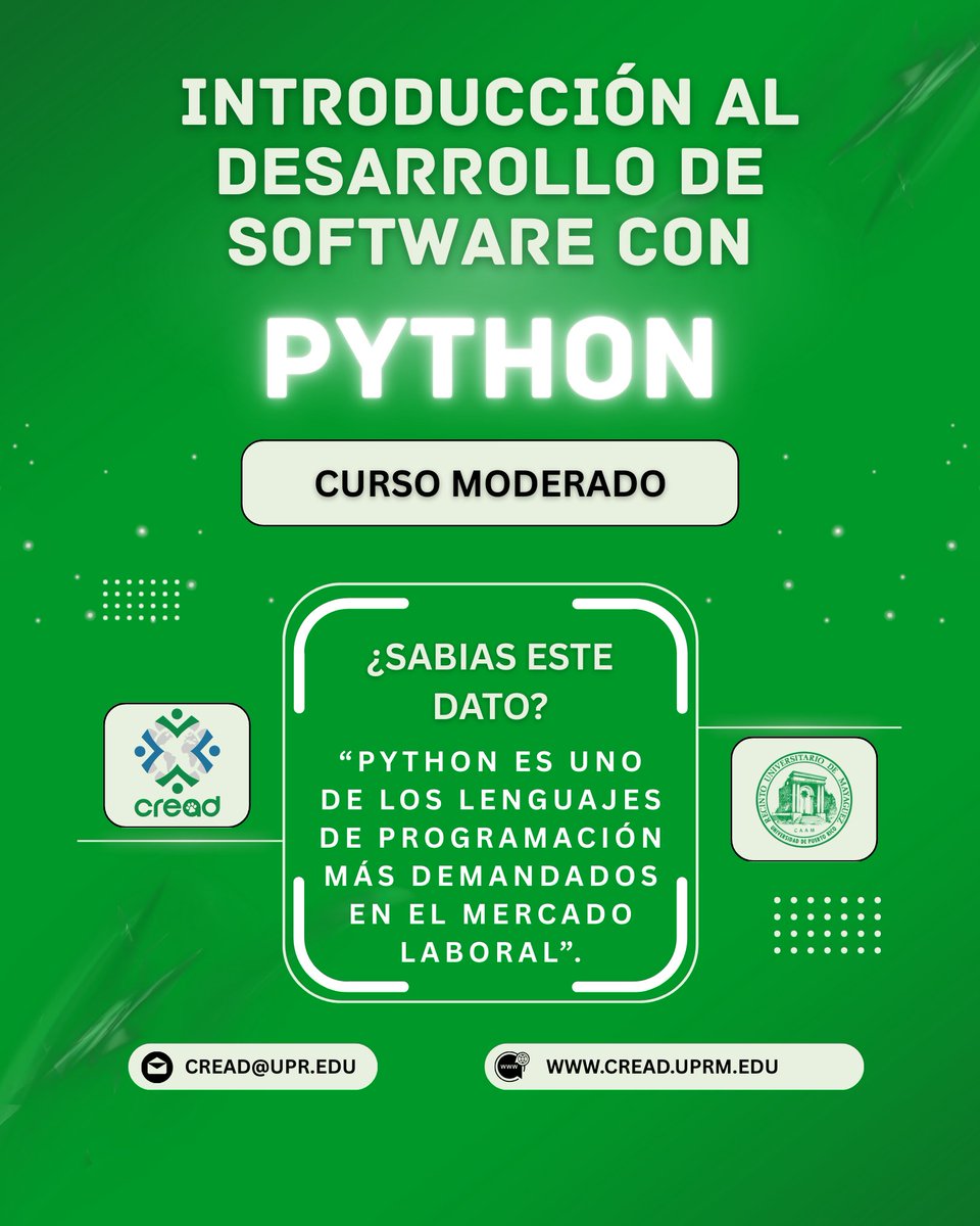 cread_uprm's tweet photo. Este curso te enseñará los fundamentos de Python, uno de los lenguajes de programación más utilizados en tecnología, ciencia y desarrollo de aplicaciones.

¡Matricúlate ya!
https://t.co/wRN9eNt8XB

#moderado #AprendeconCREAD #UPR #UPRM #cursoenlínea #python #pythoncourse https://t.co/5pWsDiDnsh