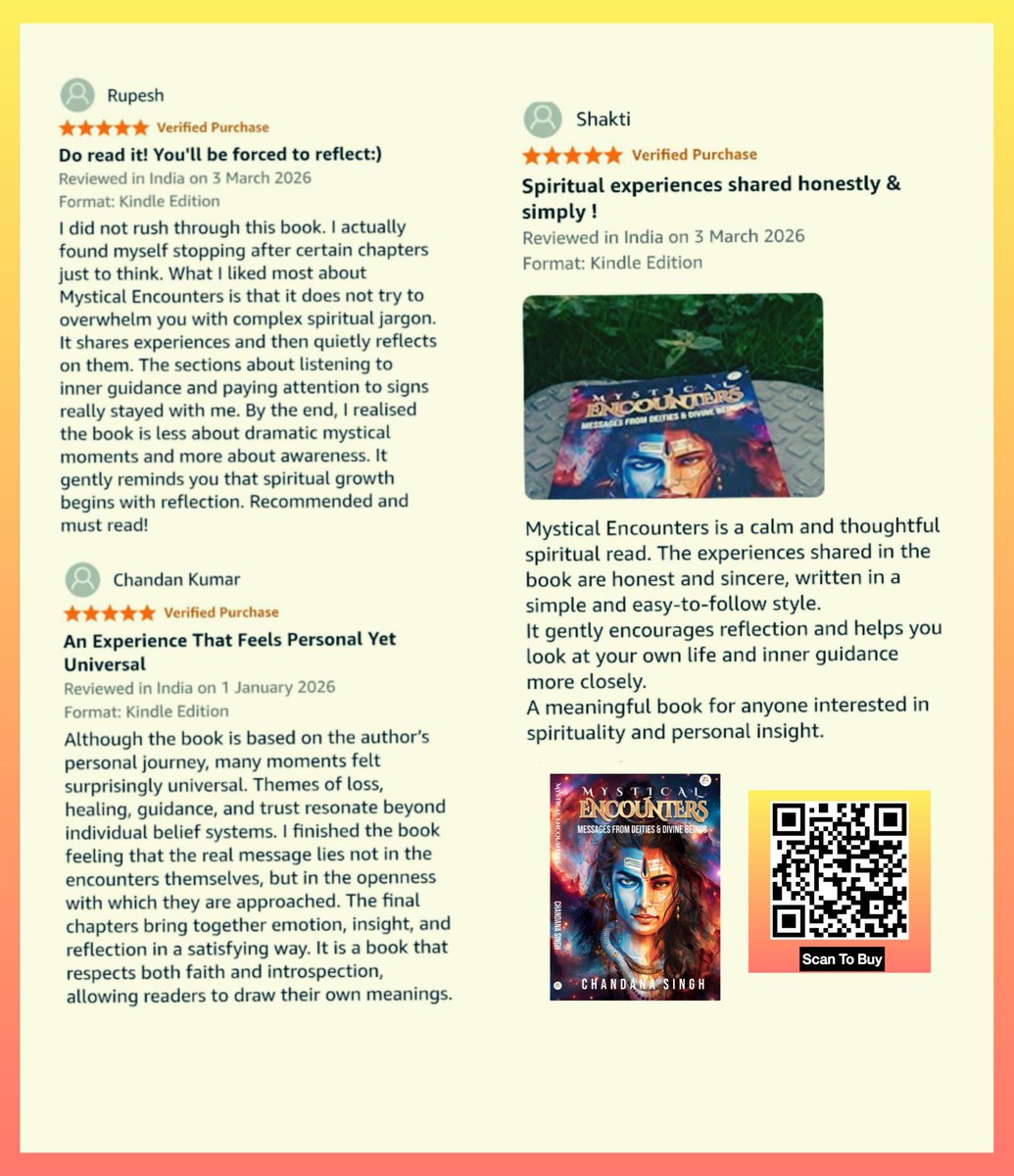 #Reviews : Mystical Encounters 📖

​Appreciative of the continued engagement with these themes. It is rewarding to see readers find clarity and personal insight through these pages. 

Thank you for the sustained support.
​Order here: amzn.to/4iTrtiK