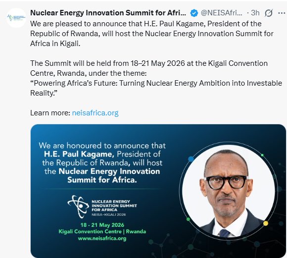 kennethRwa's tweet photo. U Rwanda rukomeje kwiyubaka nk’ihuriro ry’ibitekerezo bishya n’iterambere rya Afurika. Kuba Kigali izakira Nuclear Energy Innovation Summit for Africa @NEISAfrica ni ikimenyetso ko Afurika ishobora kwigira ku ikoranabuhanga rikomeye rizana ibisubizo ku kibazo cy’ingufu n’iterambere rirambye. 

#Rwanda #EnergyFuture #NEISAfrica
