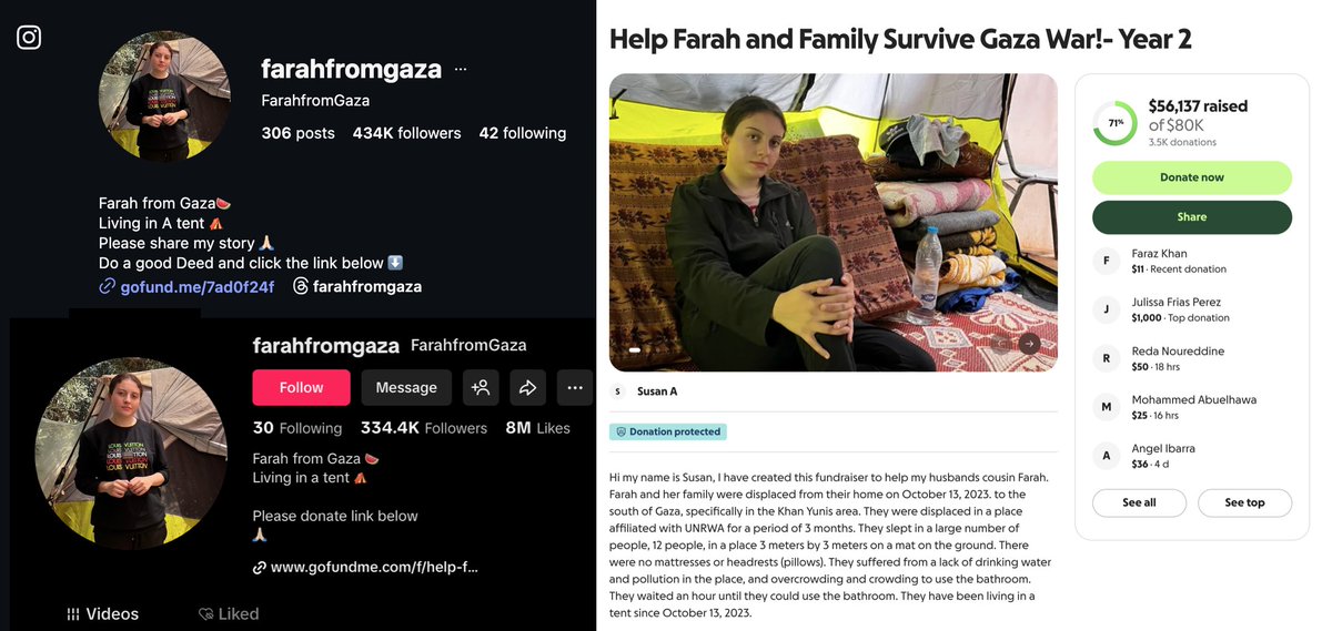 zesqyb's tweet photo. Included screenshots of her legitimate accounts

AND to avoid scams, donate to campaigns vetted by @RadioWatermelon,@gazafunds, or those listed on the @ll4gaza website.
+ every campaign I share on my page is verified and most are people I speak with regularly. https://t.co/sfyi9Ni0S3