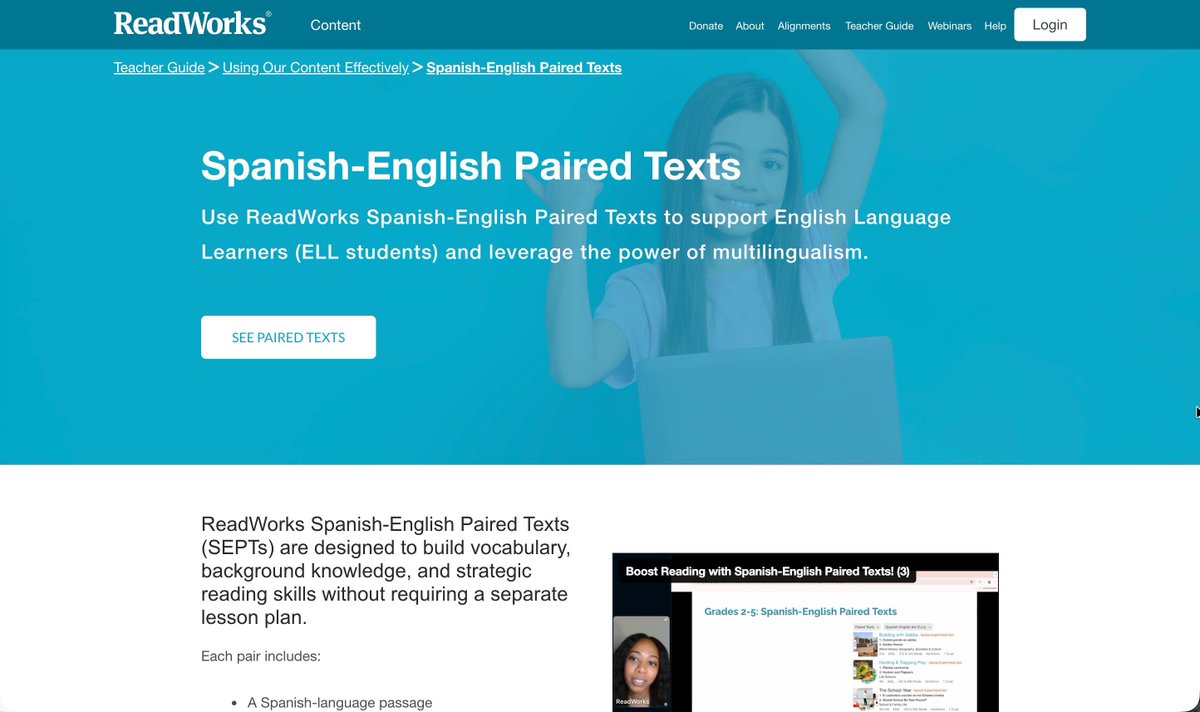 alicekeeler's tweet photo. Have Spanish speakers in your class and want to provide paired texts?
ReadWorks has you covered (and it's FREE)
See examples: https://t.co/4DPUjryJt8
#ReadingComprehension #PairedTexts #TeacherTech https://t.co/tPDa1RKSem