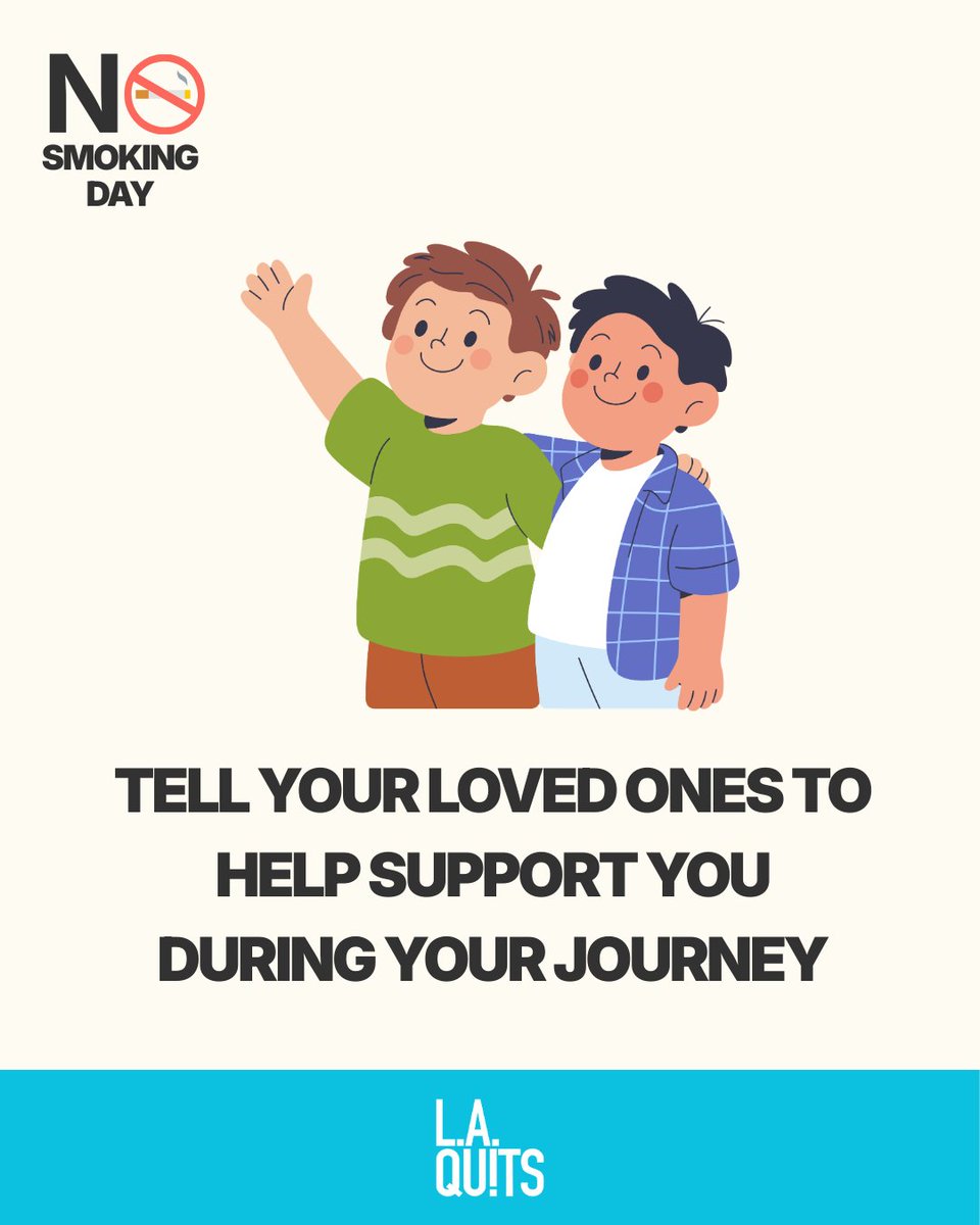 LAQuits's tweet photo. Make "No Smoking Day" the day you quit smoking. Try these tips to help you stay smokefree. 
#NoSmokingDay #NeverStopQuitting #QuitSmoking #SmokeFree #NicotineFree #TobaccoFree https://t.co/9dt1qG9nkj